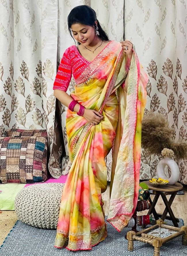 Rangoli Silk Yellow Party Wear Embroidery Work Saree